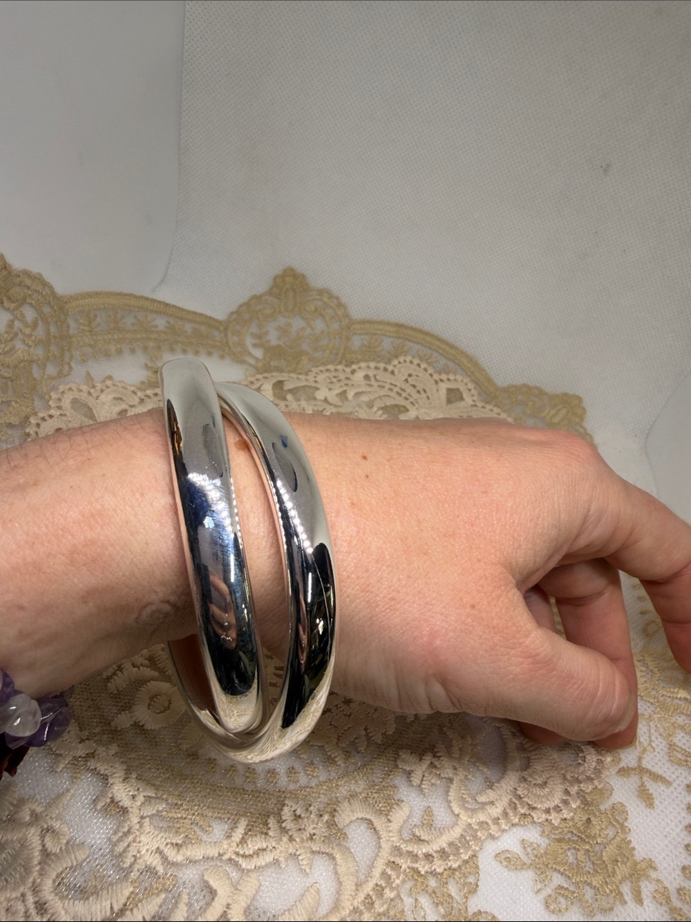 925 Sterling Silver Double Tube Bangle Twisted Bracelet Set Bold High Shine